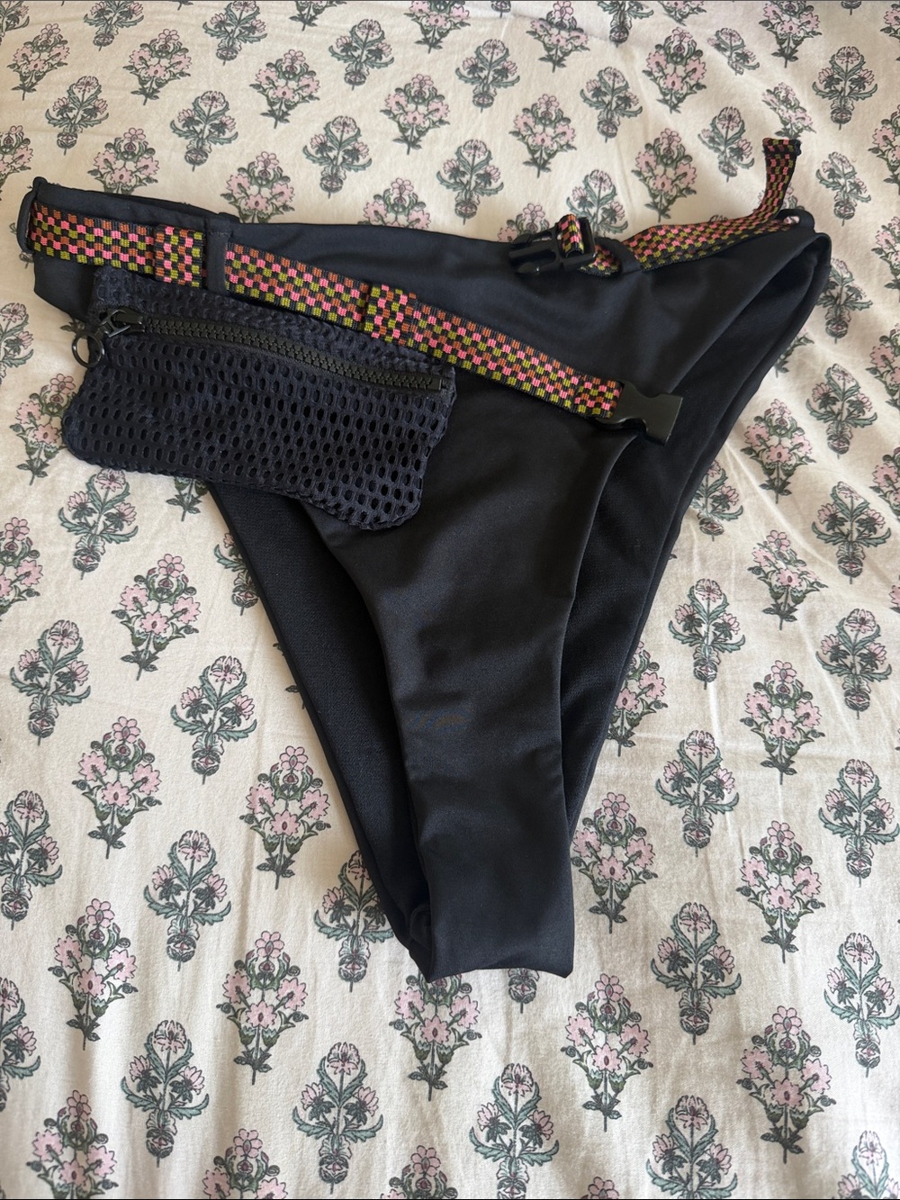 Nike Black Bikini Bottoms with Pink and Yellow Woven Belt Detail “never use “